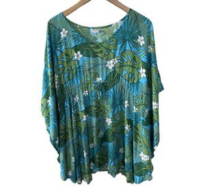 Hula Bay Hawaiian Monstera Plumeria Flowers Batwing Kaftan Swim Cover Up Top S/M